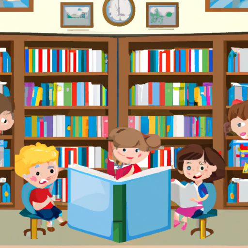 a library with kids reading books
