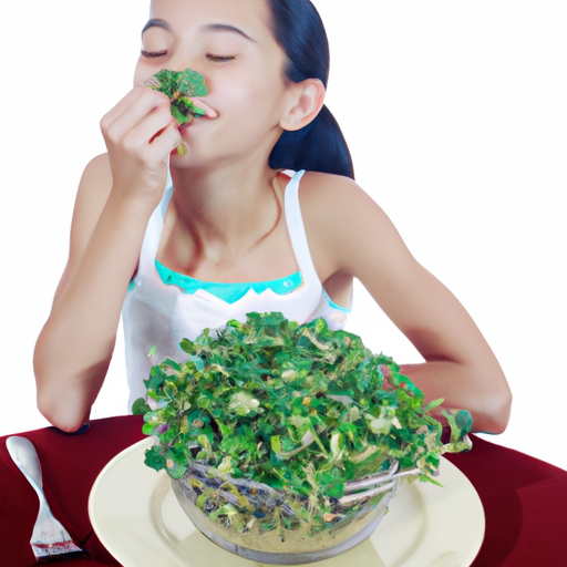 a bowl of watercress with an asian American girl eating
